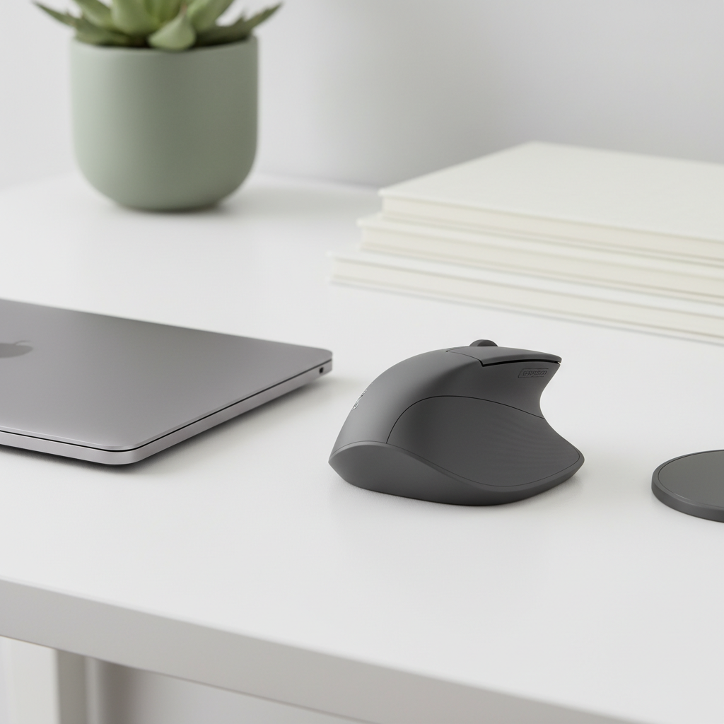 깔끔한 화이트 원목 책상 위에 놓인 미니멀한 노트북 옆에 배치된 매트한 질감의 인체공학적 무선 마우스