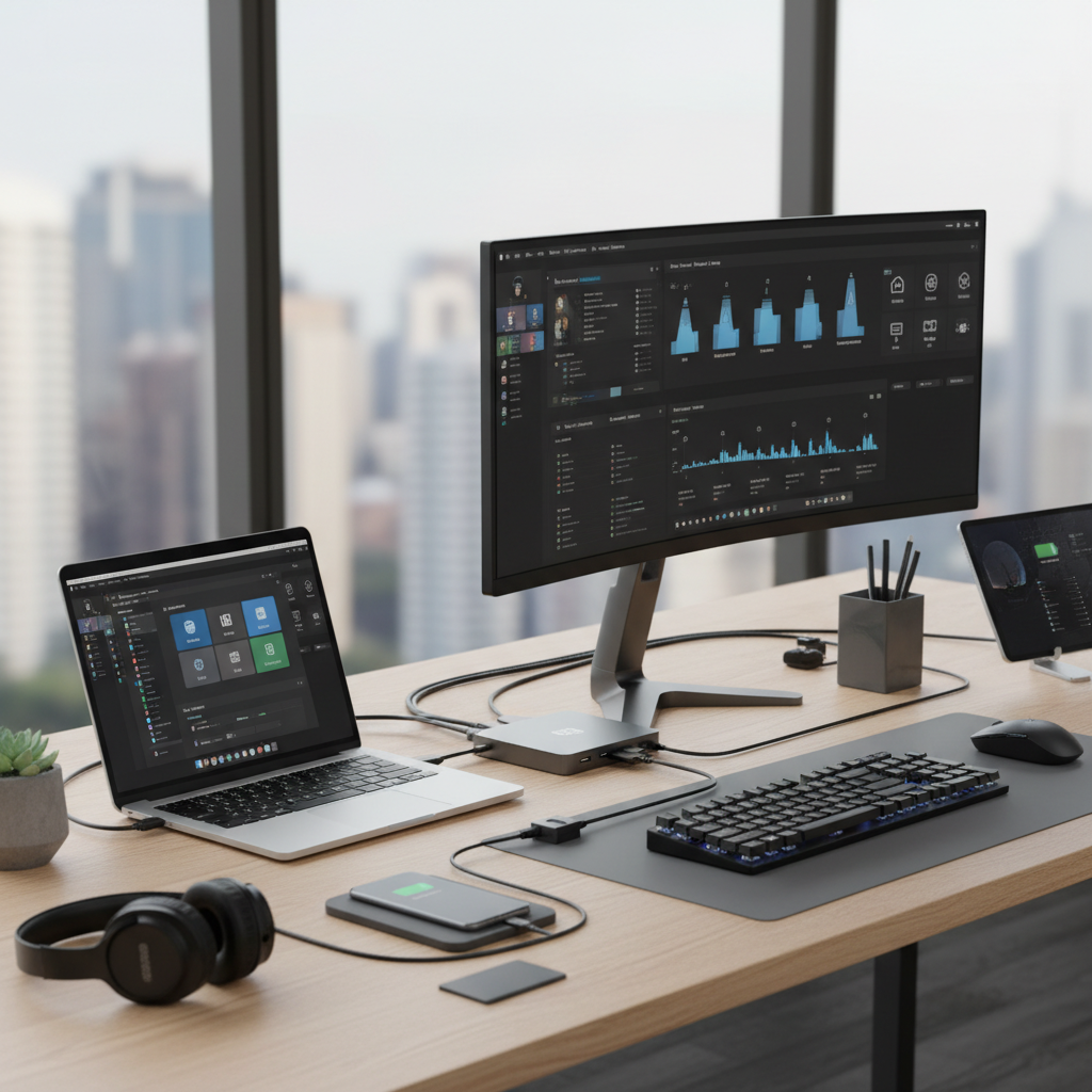 슬림한 실버 노트북에 연결된 다기능 USB-C 도킹 스테이션과 정돈된 주변 기기들의 연결 상태를 보여주는 연출 사진